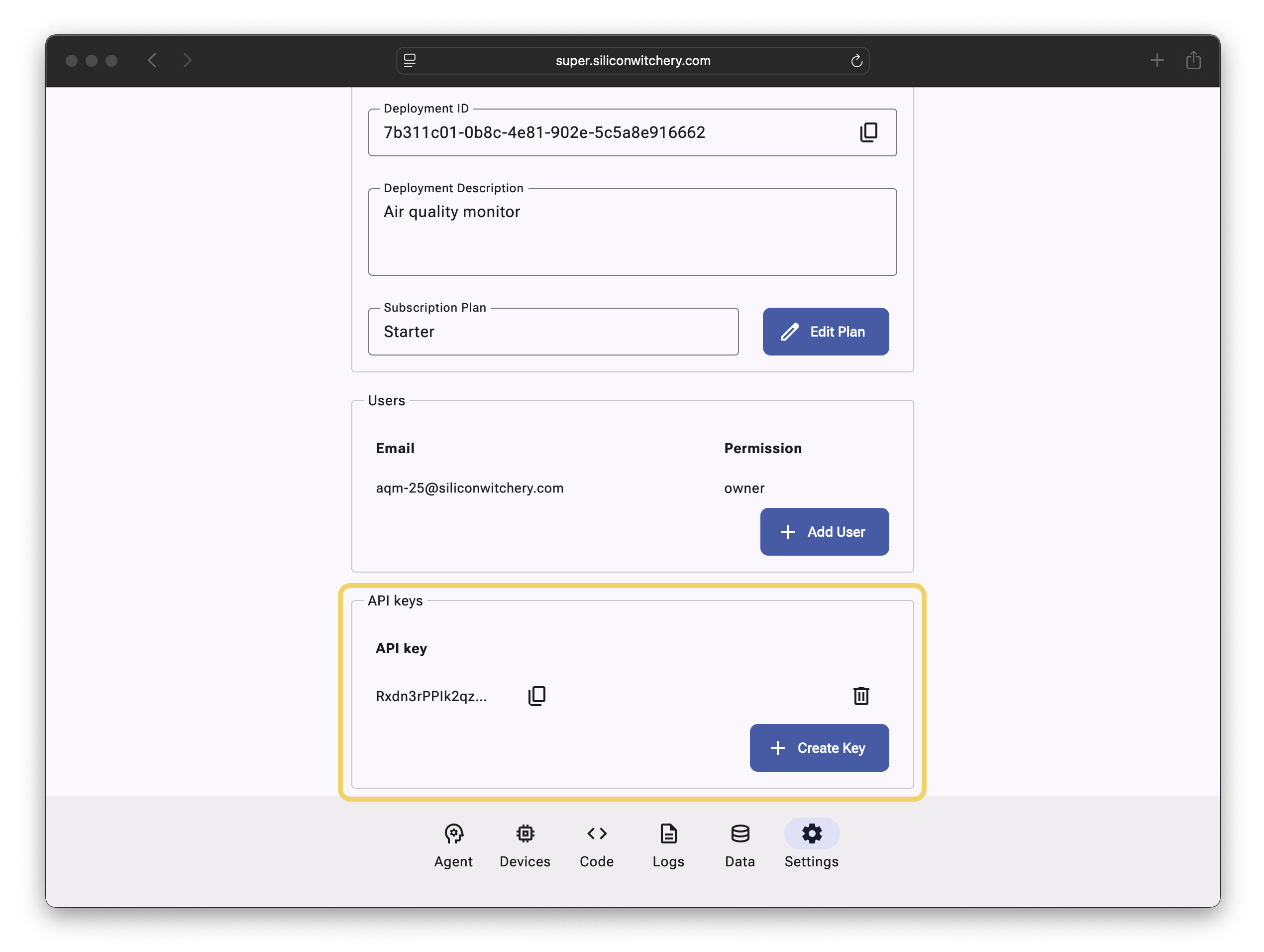 Settings tab showing the new API key button