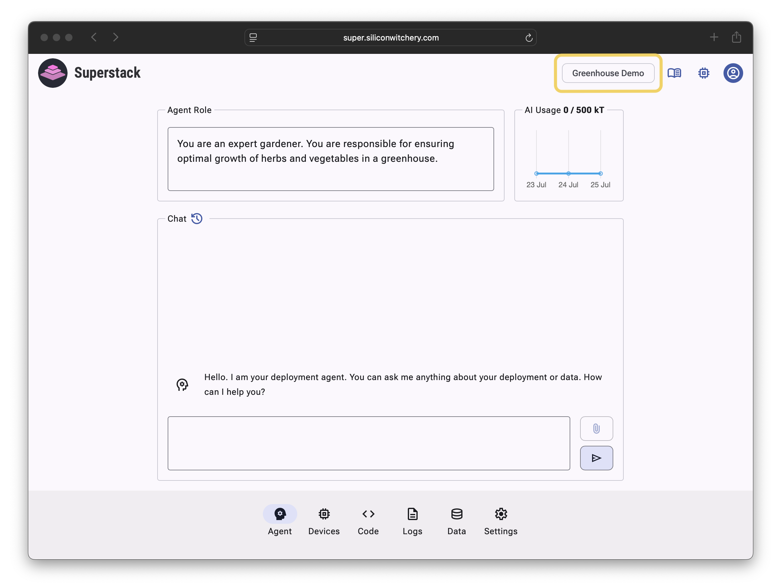 Agent tab showing the current deployment button