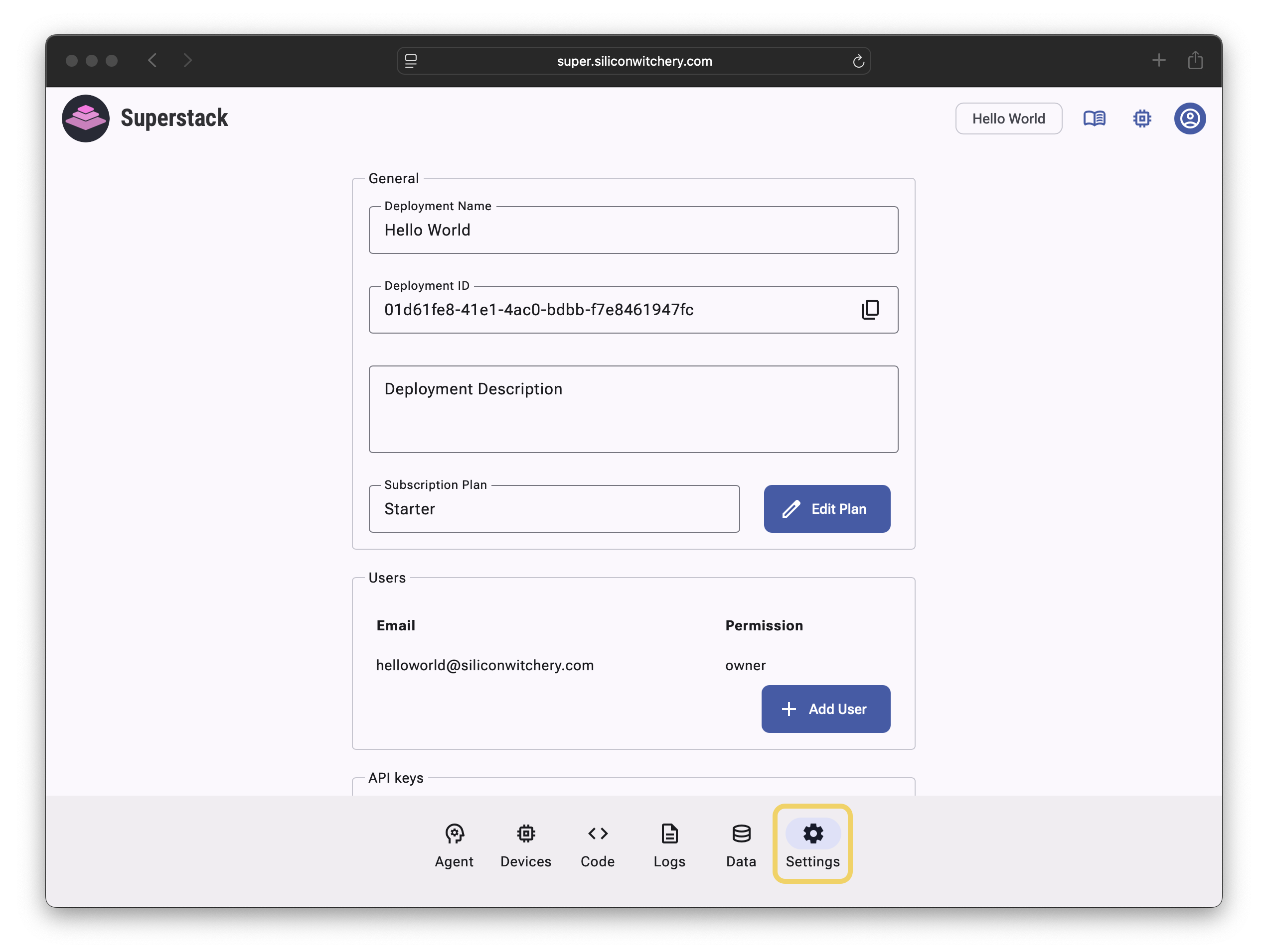 Settings tab showing deployment settings