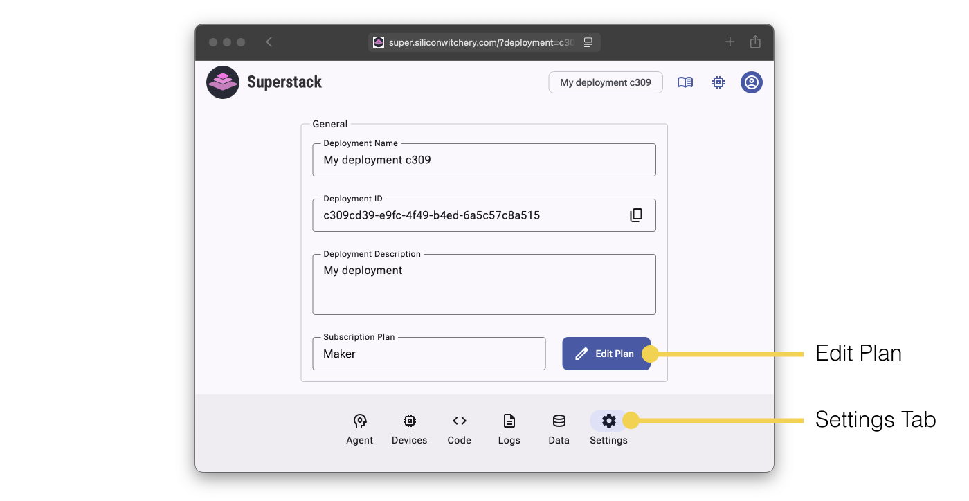 Superstack settings tab highlighting subscription edit button